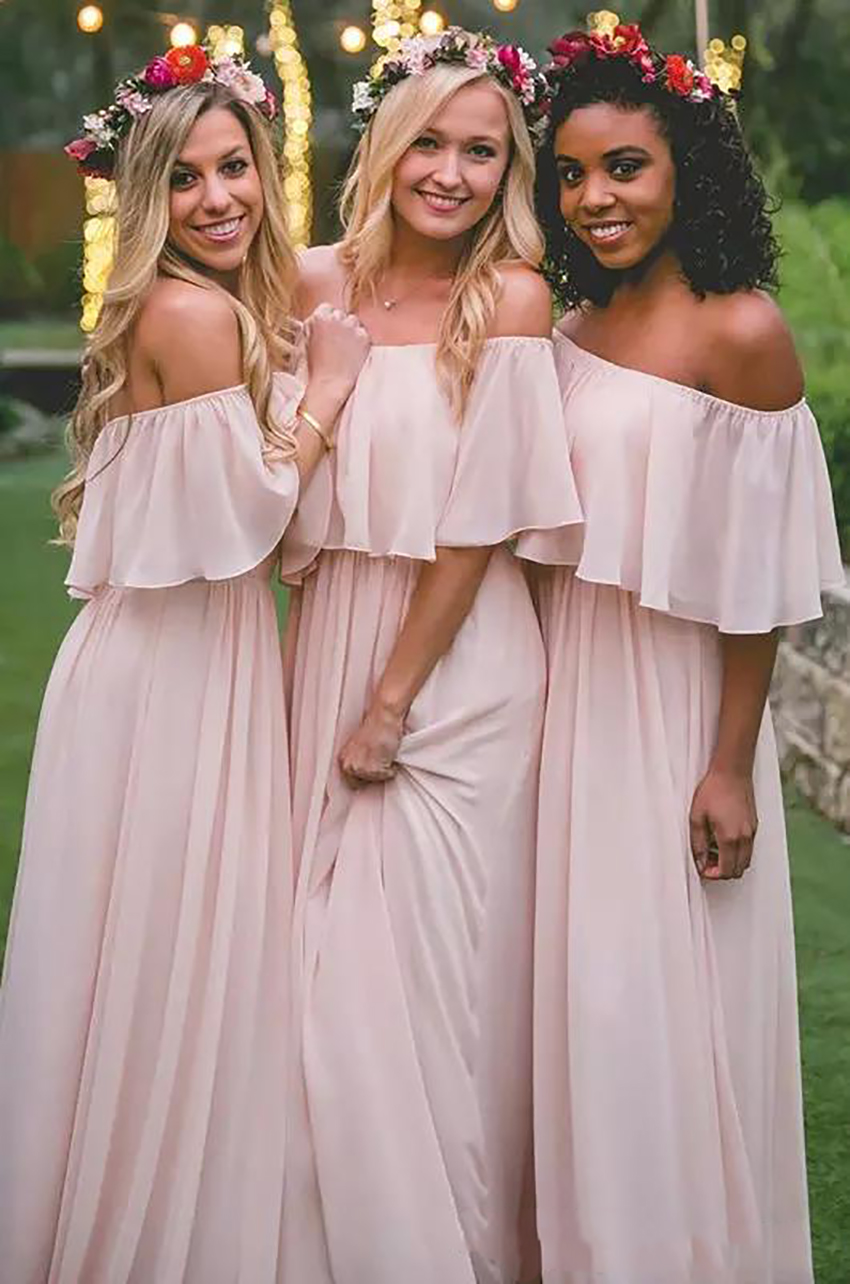 Vintage Blush Country Bridesmaid Dresses 2021 Modest Off the shoulder Chiffon Beach Bohemian Junior Maid of Honor Wedding Guest Gowns 0509