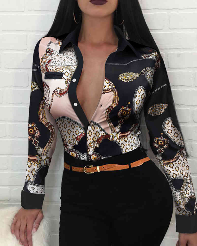 Spring Autumn Women's Floral Shirt New Femme Chain Scarf Print Button Front Long Sleeve Shirt Office Ladies Elegant Outfits 210415