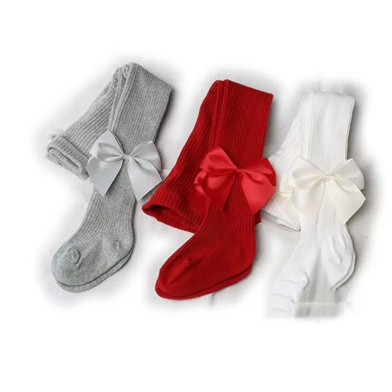 INS Baby girls ribbon Bows tight toddler kids vertical stripe knitted pantyhose christmas party dance leggings for children princess bottoms