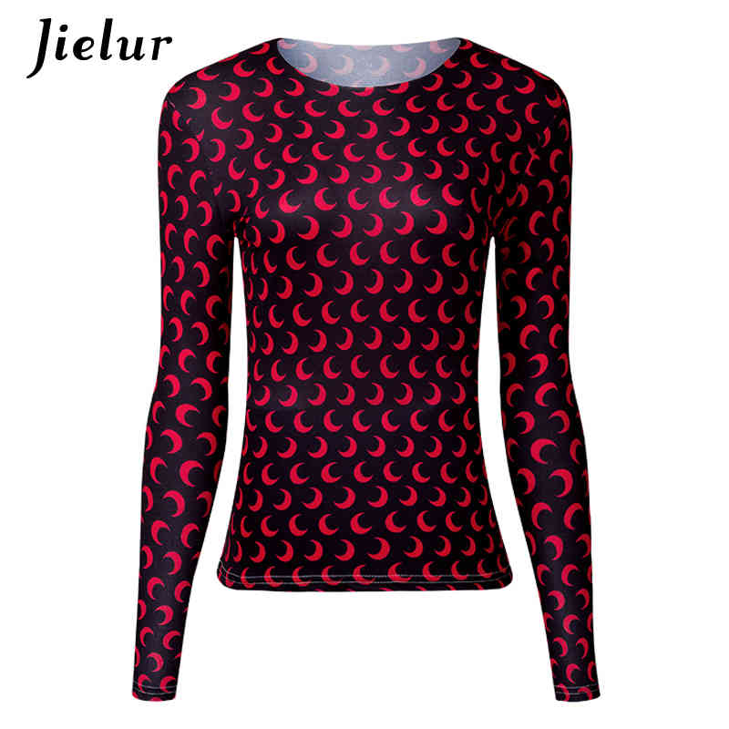Jielur Moon Printed Long Sleeve Women T-shirts Slim Plus Size Basic Fashion 5 Colors Tshirt Female S-4XL Casual Tee Shirt Femme 210406