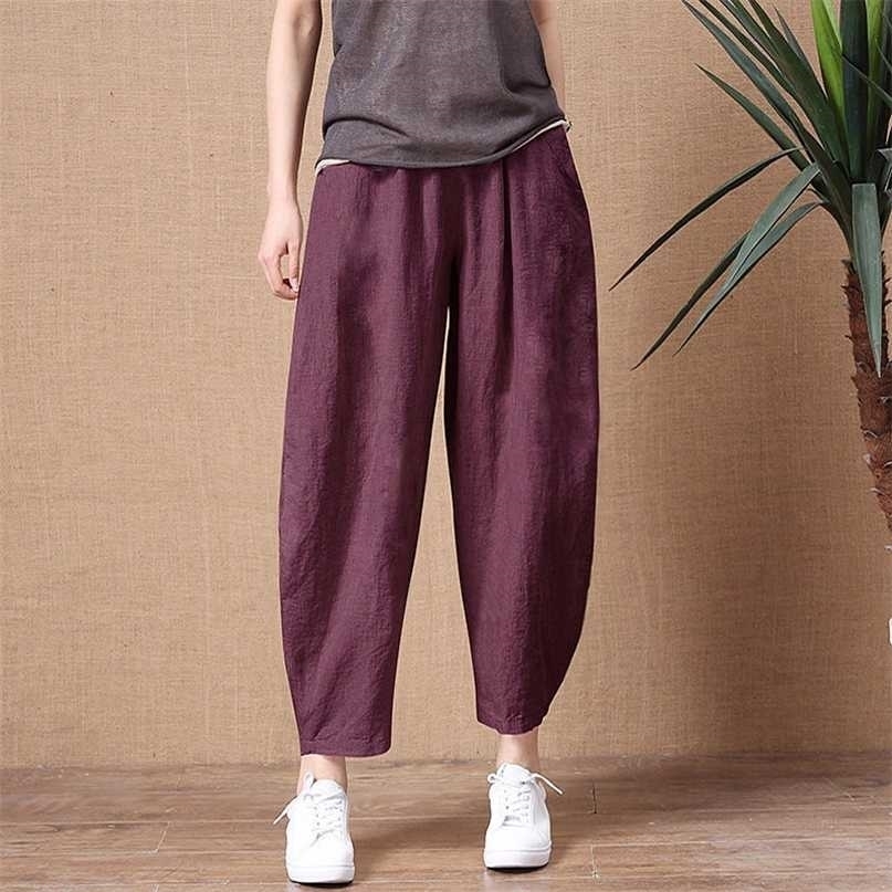 ShiMai Women's Cotton Linen Pants Elastic Waist Vintage Trousers Lady Loose Casual S-2XL Retro Literary 211115
