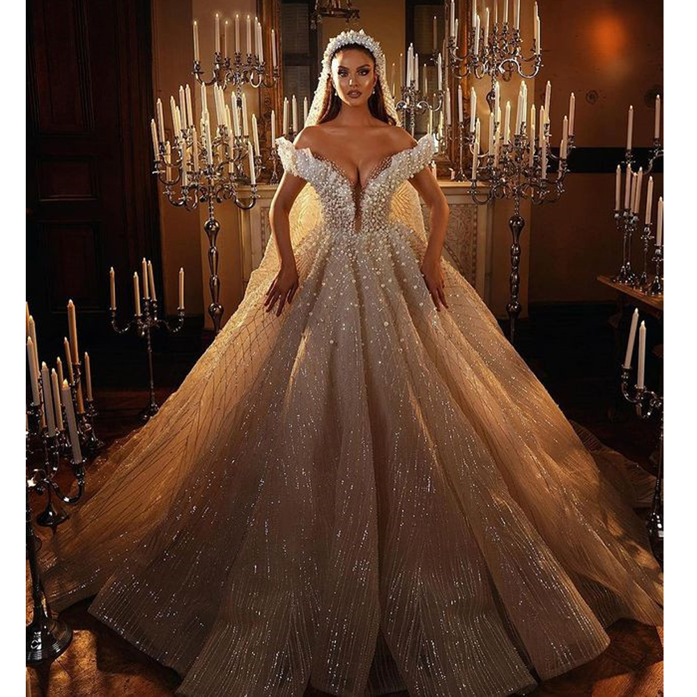 Abaric Dubai Pearls Beads Wedding Dress Shiny Sequins Sexy Ball Gown Sweetheart Floor Length Custom Made Vestidos De Novia Gowns