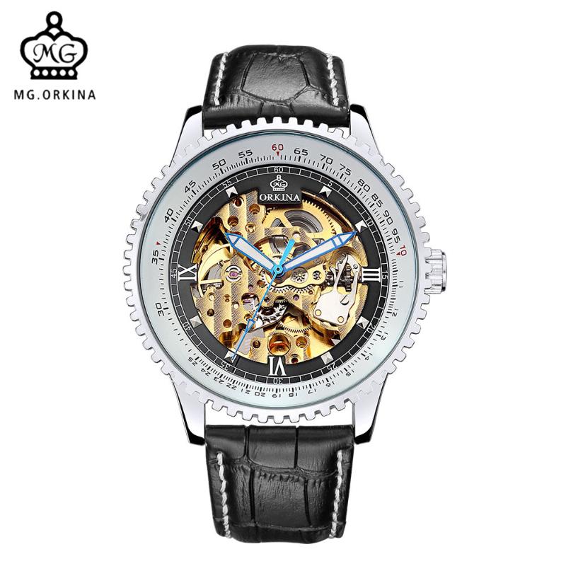 MG. ORKINA Brand Watches Men Leather Strap Black Gold Skeleton Auto Mechanical Wristwatch Man Clock Reloj Hombre Wristwatches, White