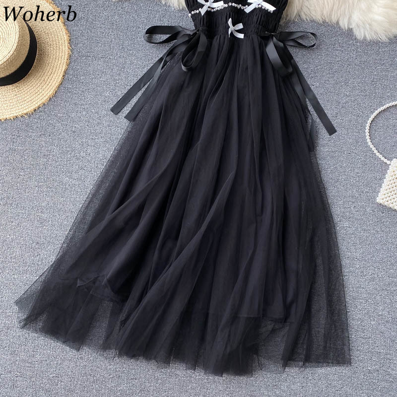 Sweet Dress Female Summer Strap Beading Lace-up Bow Slim Waist A-line Dresses Chic Elegant Ruffle Gauze Party 210519