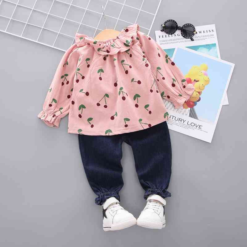 Baby Girl Clothes Sets For Children Strawberry Turndown Collar T-shirt Jeans Pants Cute Toddler Girls Suit for Kid 210508