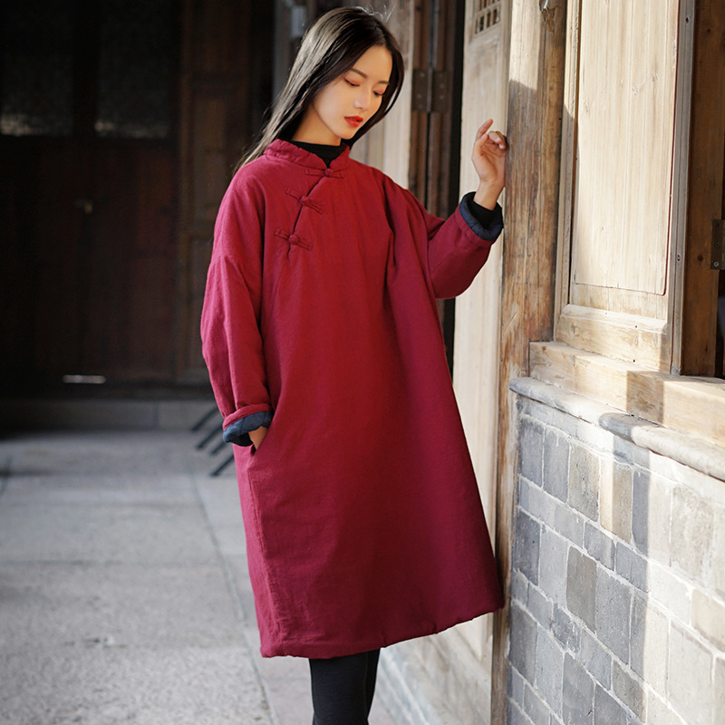 Johnature Women Chinese Style Dress Thick Cotton Linen Robe Stand Long Sleeve Warm Winter Loose Solid Color Women Dress 210521, Wine red
Johnature Women Chinese Style Dress Thick Cotton Linen Robe Stand Long Sleeve Warm Winter Loose Solid Color Women Dress 210521, Wine red