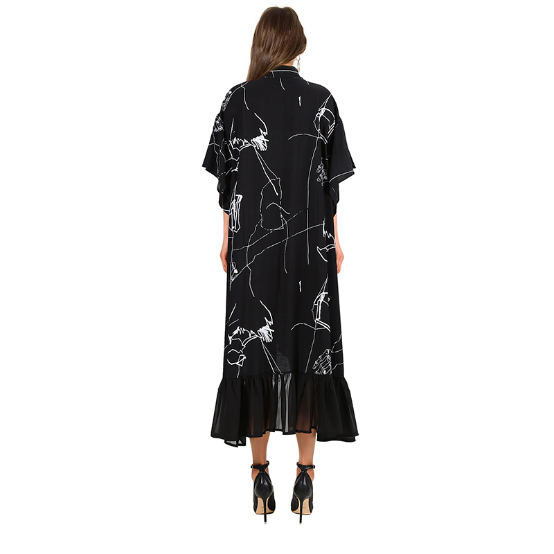 Unique Streetwear Style Woman Summer Plus Size Black Casual Shirt Dress Half Sleeve Ruffles Printed Ladies Dress Loose Robe 3751 210331