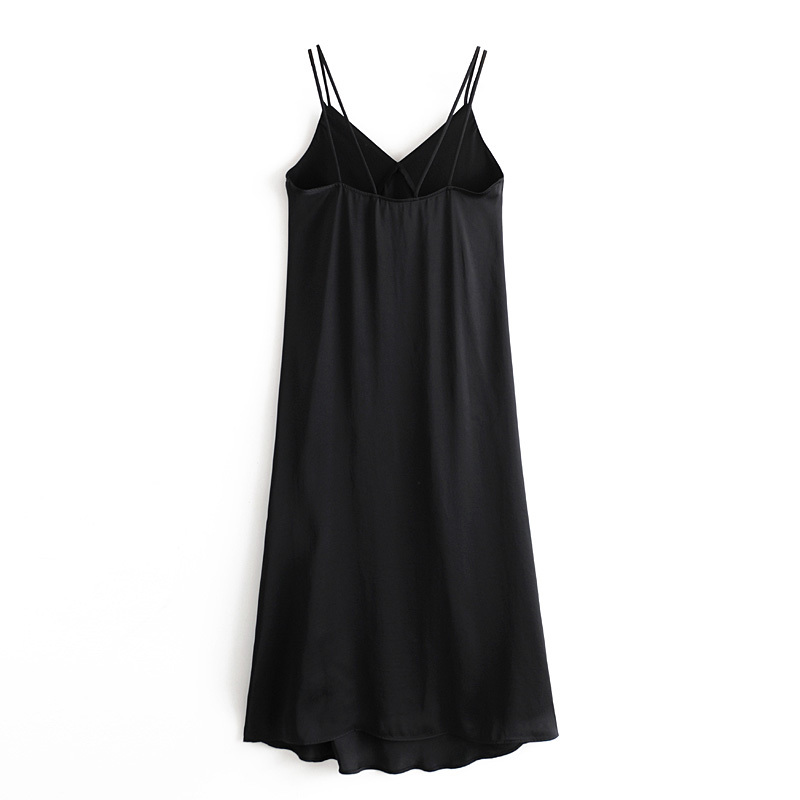 Black Color Sexy Spaghetti Strap Silk Dress Women Fashion V Neck Midi Lady Split Stain Party Female Vestiti Donna 210515