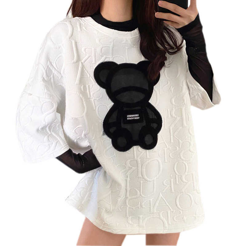 Women's T-shirts Harajuku Kawaii Girls Anime Y2K Tops Letter Jacquard O-neck Short Sleeves Loose Summer Tshirt Bear White Tees 210720
