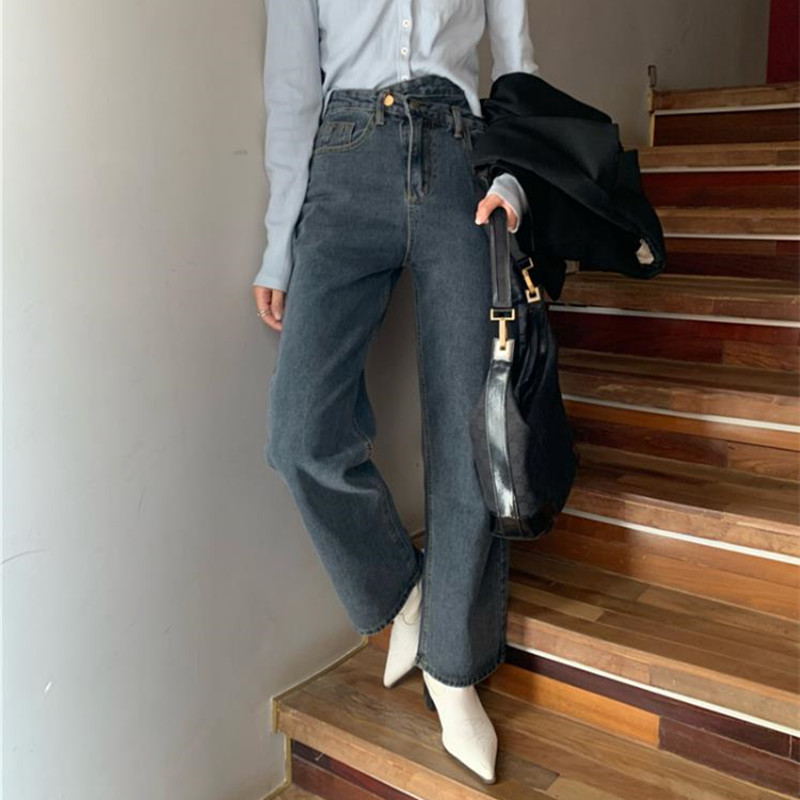 Vintage High Waist Wide Leg Denim Pants Women OL Work Wear Arrival Autumn Spring Jeans Trousers Femme 210421