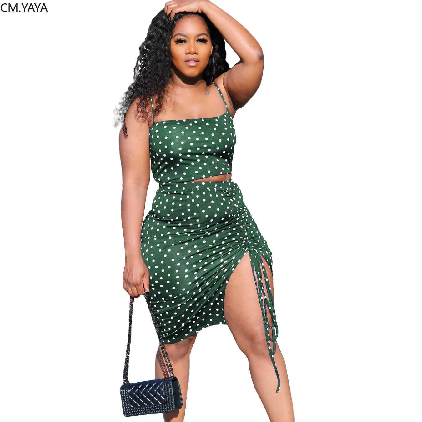CM.YAYA Women Dot Two Piece Set Spaghetti Strap Crop Top High Split Stacked Skirts Suit Tracksuit Matching Set Bodycon Dress 210708