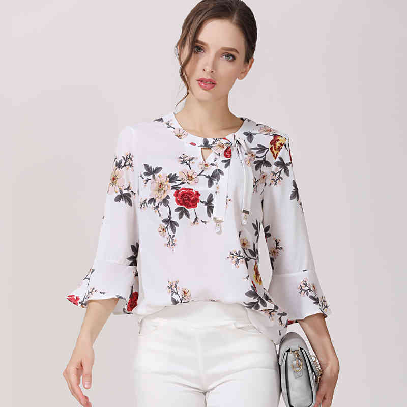 Fashion Printed Chiffon Women Blouses Shirt Floral Flare Sleeve Summer Ladies Tops Feminine Blusas D278 30 210506