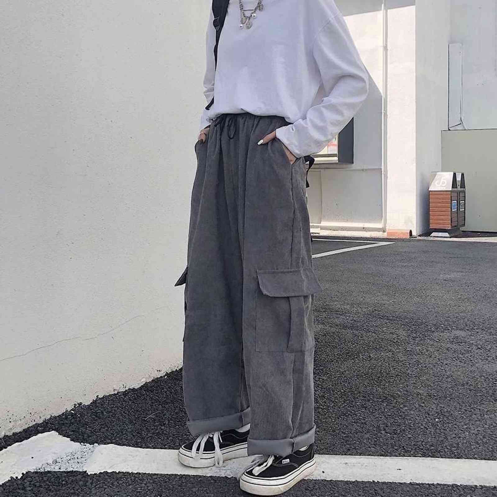 Women's Cargo Pants Corduroy Wide Leg Pocket Jogger Trousers Autumn Winter Casual Loose Streetwear Harajuku Harem Pant Females 211112