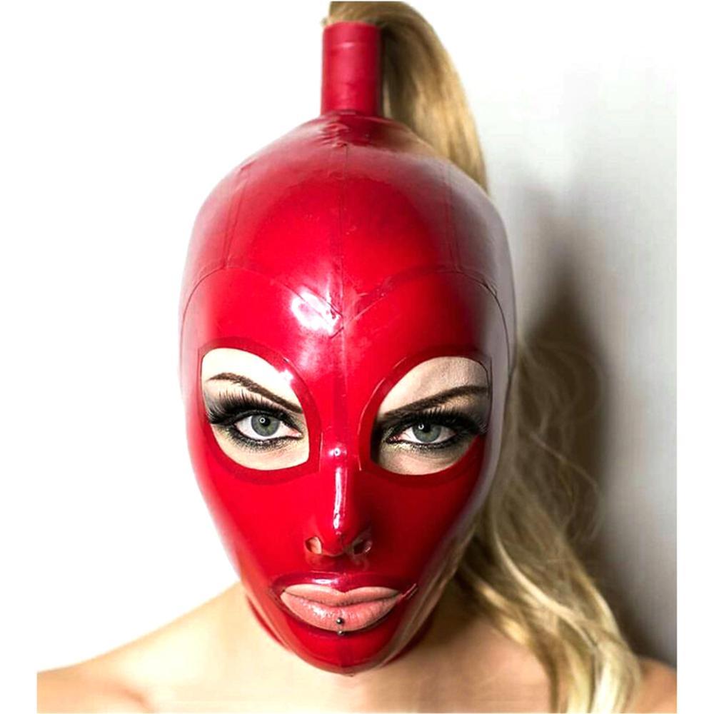 sexy exotic lingerie handmade red latex hoods with blond wig tress ponytail cekc club wear fetish costumes costomize size XS-XXL L0407