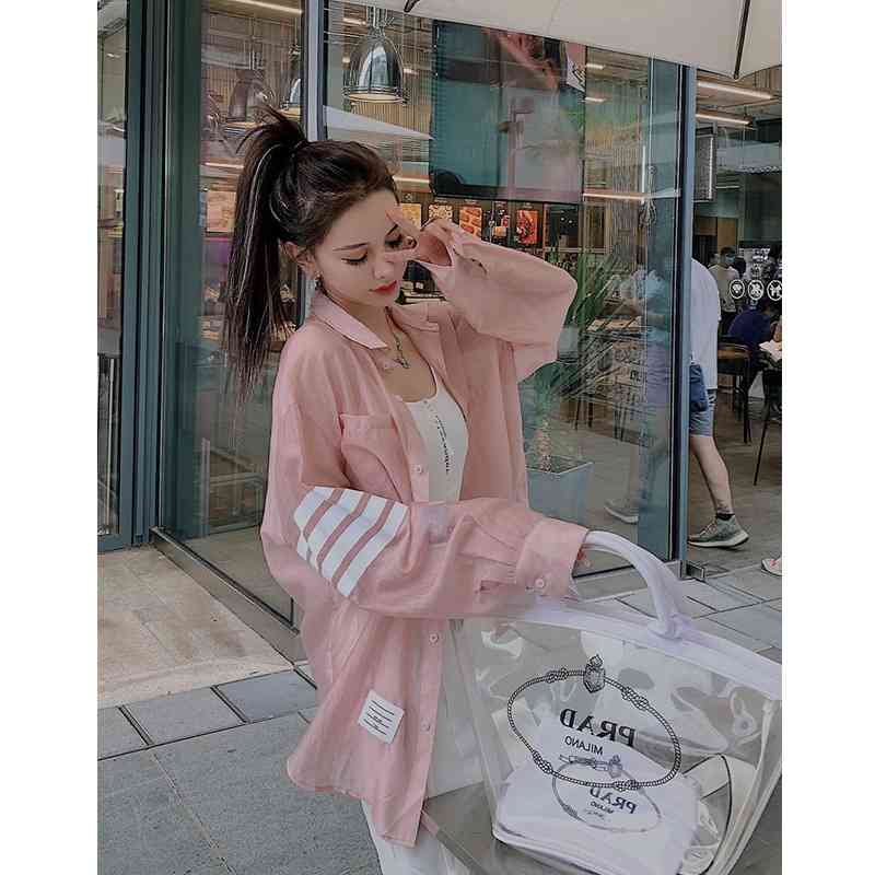 Net red TB striped women's summer thin design sense long sleeve sunscreen pink loose lazy shirt coat fashion, Black
Net red TB striped women's summer thin design sense long sleeve sunscreen pink loose lazy shirt coat fashion, Black
