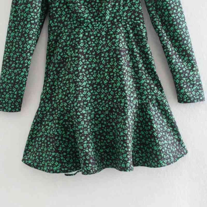 Women Green Flower Print Square Collar Slim Mini Dress Female Long Sleeve Clothes Casual Lady Vestido D7607 210430