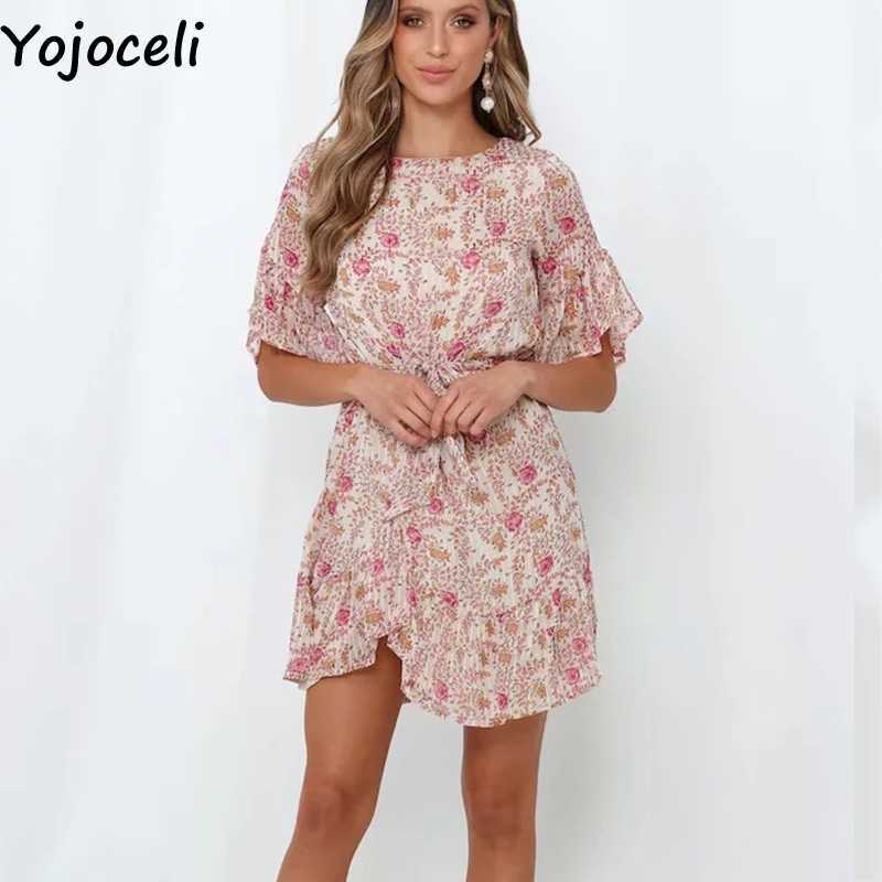 Yojoceli Sexy print ruffle sashes dres Summer elegant casual beach short Female cute daily vestidos 210609