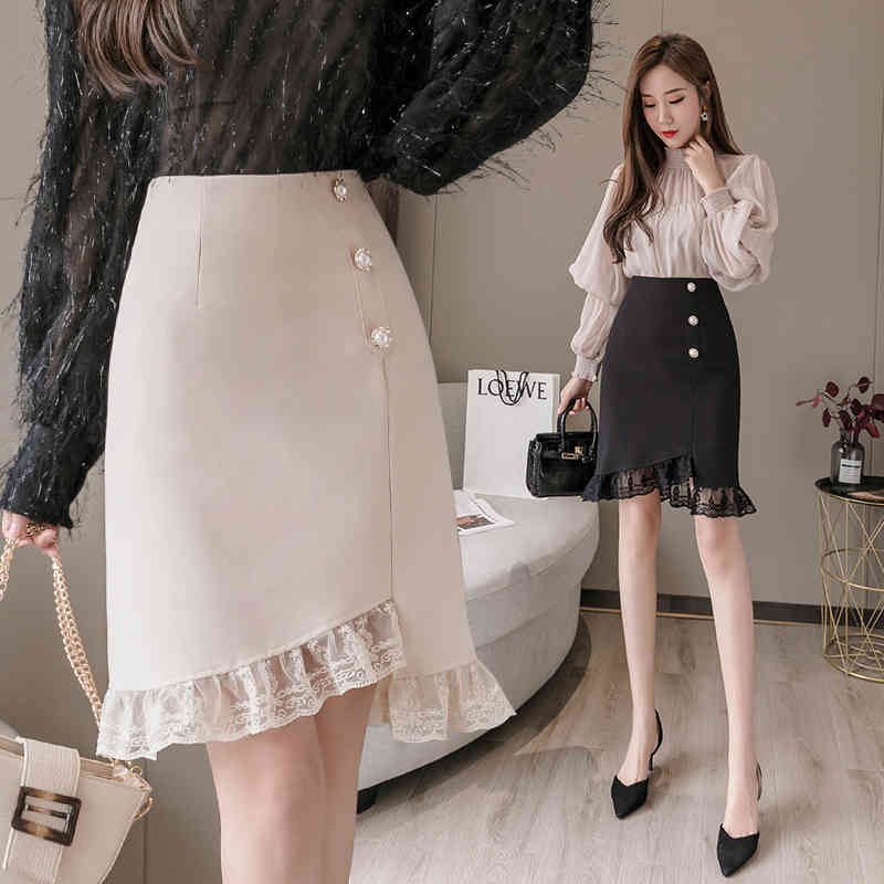 High Waist Formal Skirts Spring and Summer Style Lace Short Skirt A- Line Knee-length Dress Beading Jupe Femme 8771 50 210508