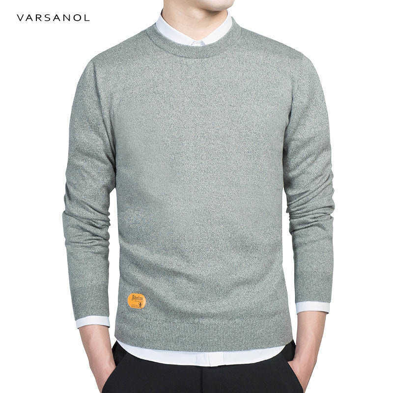Varsanol Mens Cotton Sweater Pullovers Men O-Neck Sweaters Jumper Autumn Thin male Solid Knitting Clothing Grey Black M-3XL 210601