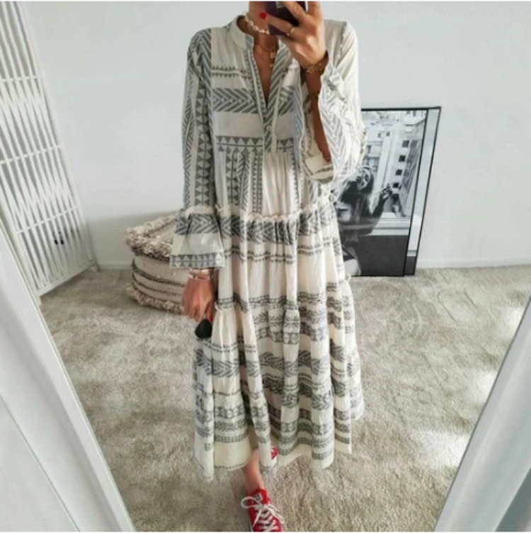 Women Dress Sexy Long Print Maxi V Neck Flare Sleeve Bohemia es Loose Casual Plus Size Summer Beach es 210524
