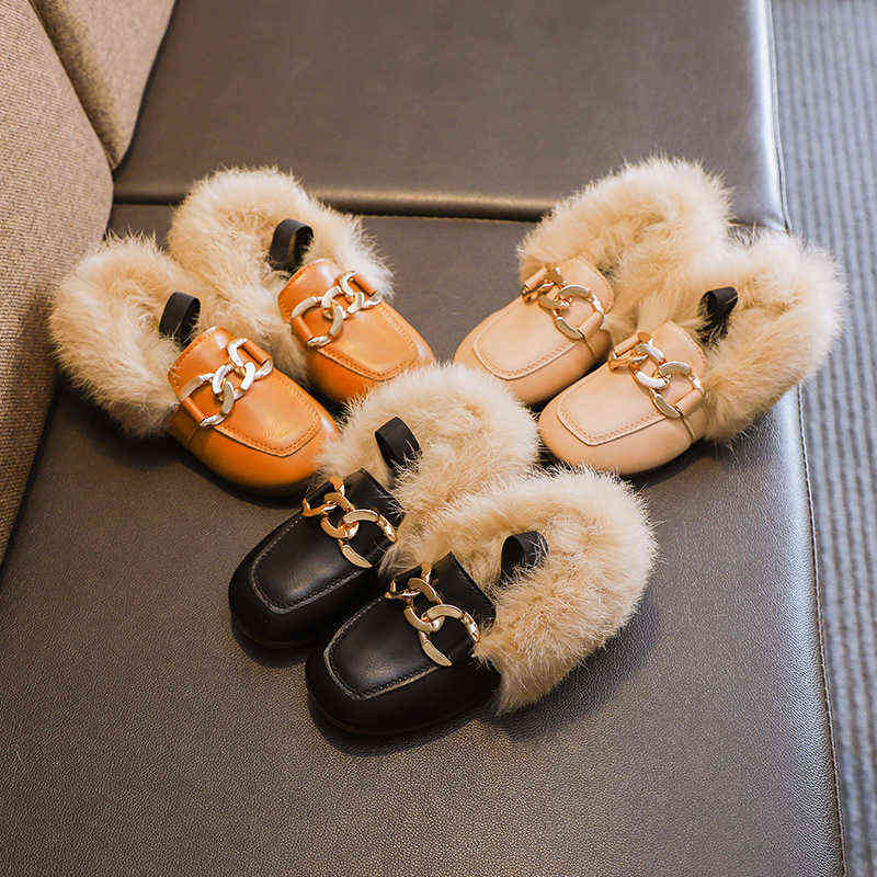 JGVIKOTO Autumn Winter Girls Shoes Warm Cotton Plush Fluffy Fur Kids Loafers With Metal Chain Boys Flats Children 220121