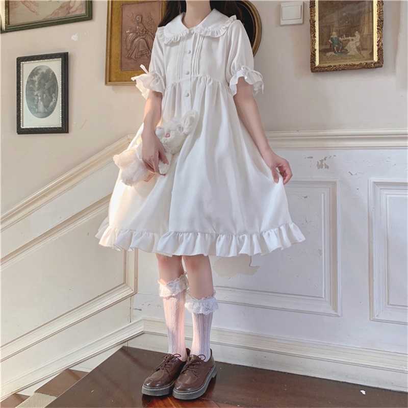 Japanese Sweet Girl Lolita Drees Kawaii Peter Pan Collar Cute Ruffle Puff Sleeve Solid Color Elegant Retro Lady 210623