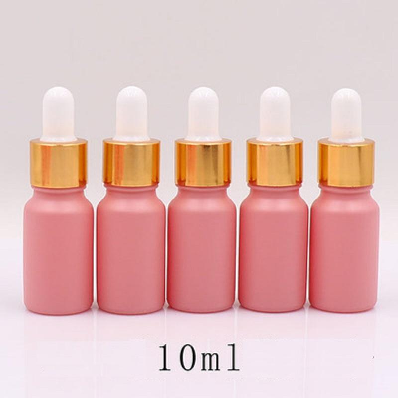 15pcs 10ml 20ml 30ml Pink Matte Frost Glass Cosmetic Serum Packging Refillable Gold Pipette Dropper Essential Oil Vials Bottles Storage & Ja