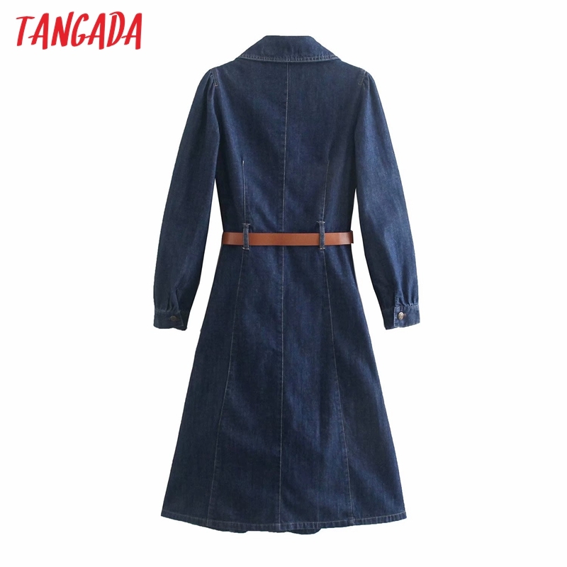 Fashion Women Blue Denim Shirt with Belt Long Sleeve Office Ladies Midi Dress 4M08 210416
