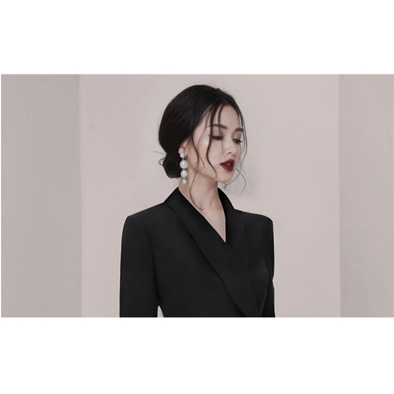 Double-breasted Notched Korea Dress Women Spring Black Pleated Dresses OL Slim Work Wear Vestidos 210520