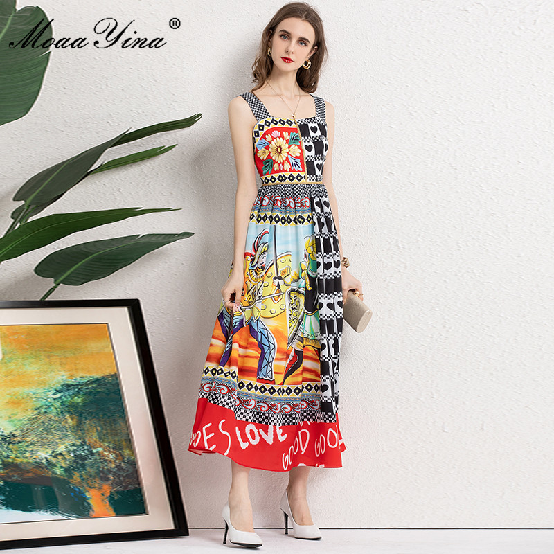 Summer Fashion Vintage Spaghetti Strap Dresses Women's High waist Bead Floral print Sleeveless Elegant Midi Dress 210524