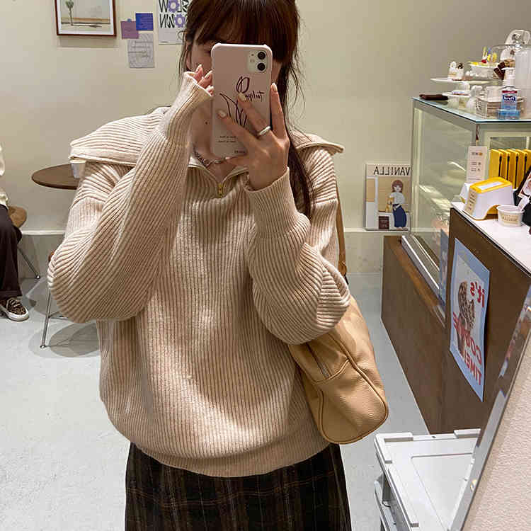 3 Colors Autumn Winter Korean style Knitted Sweaters Women Loose zipper Turtleneck Warm Sweater Female Jumpers (F1474 210423