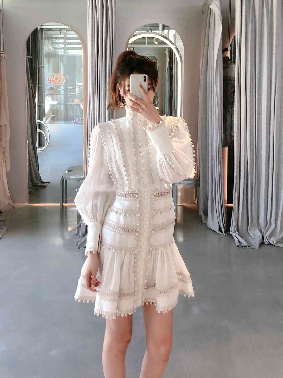 DEAT New Spring And Summer Lantern Sleeves Single Breasted Lace Hollow Out Ruffles Sexy Dress Female Vestido WL28000M 210428