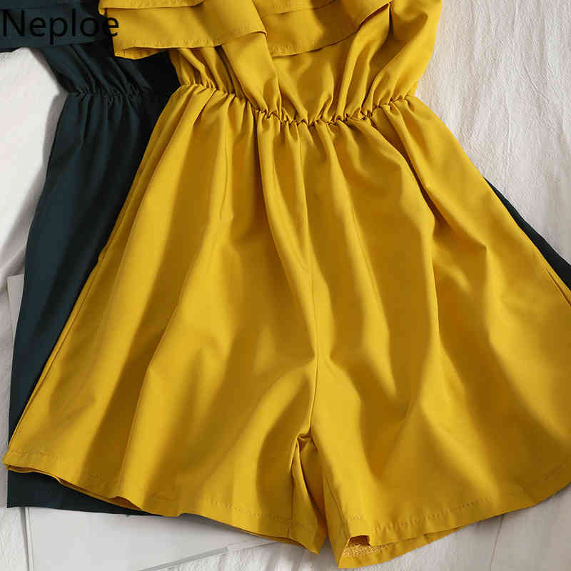 Neploe Jumpsuit Women Korean Off Shoulder High Waist Thin Ruffle Fashion Romper Summer All-match Wide-leg Shorts Bodysuit Female 210422