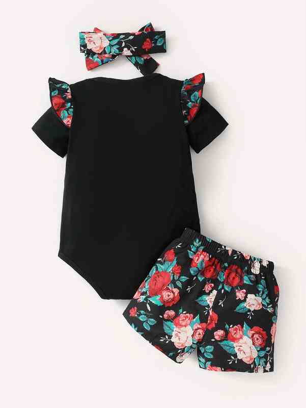 Baby Slogan And Floral Print Bodysuit & Shorts With Headband SHE