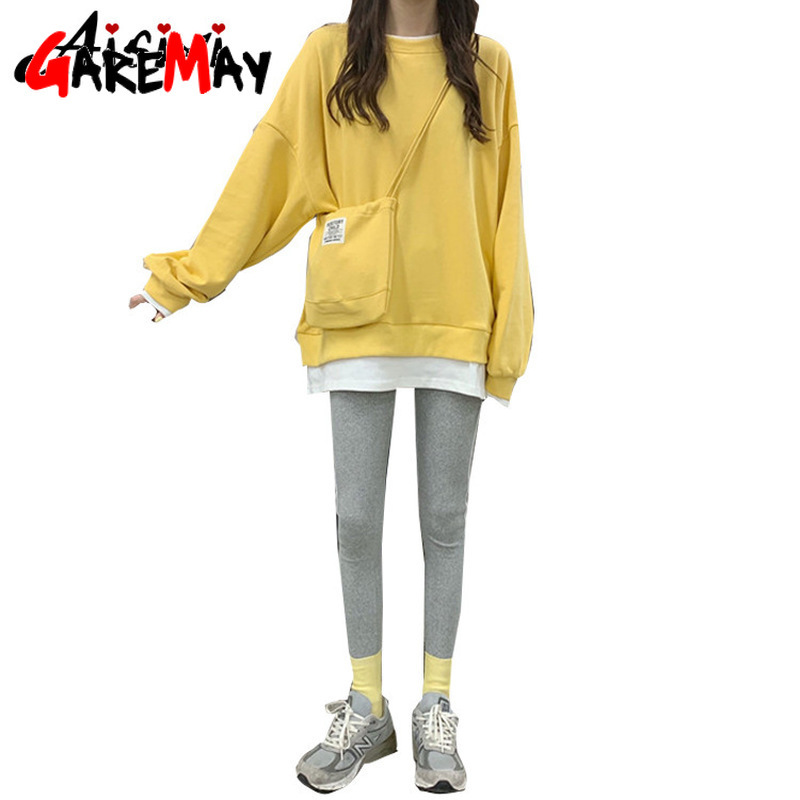 Autumn Loose Coloured Sanitary Clothes + Bottom Pants 2piece set women two piece outfits pink 210428