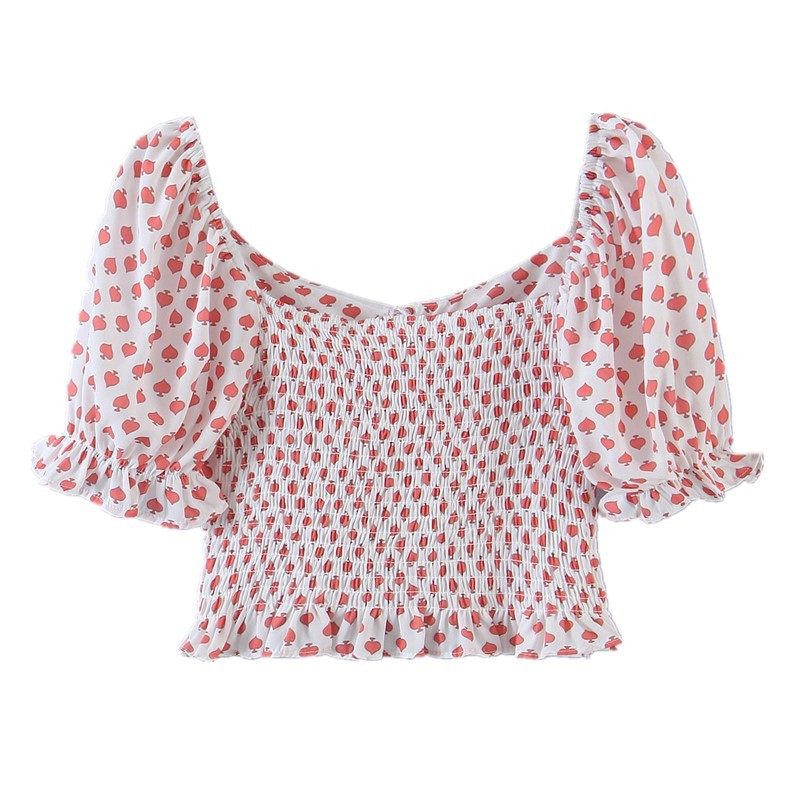 Sexy Elastic Ruched Back Heart Print Tank Tops Women Summer Short Puff Sleeve Square collar Crop Top High Waist Tees 210429