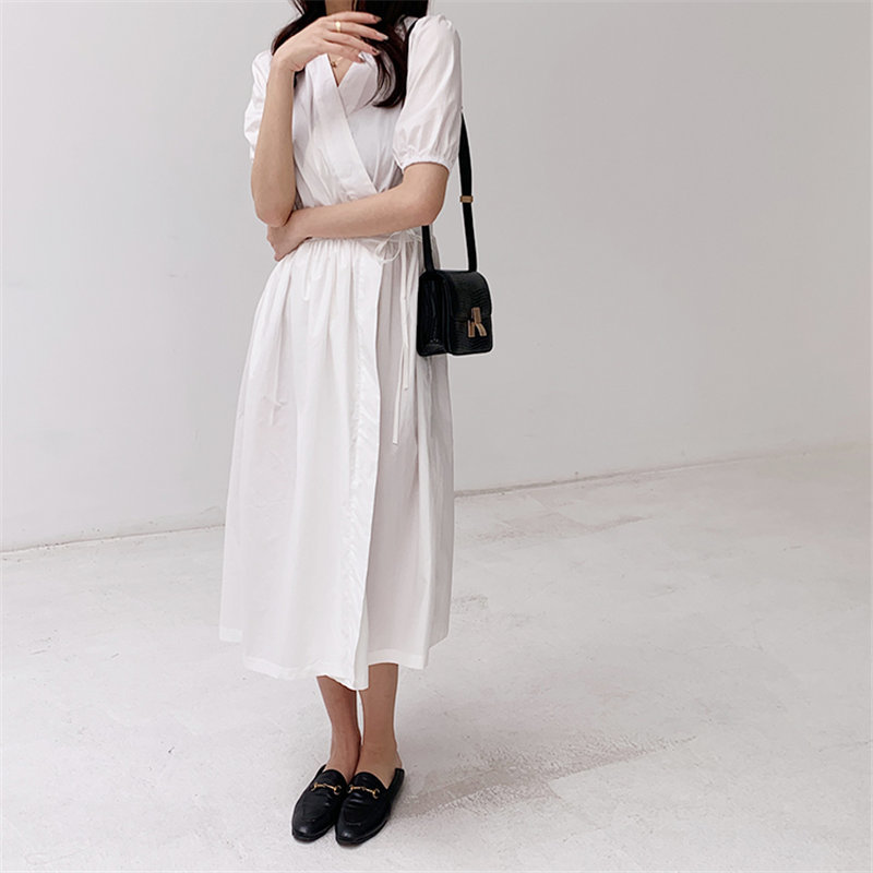 Korean High Waist Feminine Puff Sleeve Solid Chic Women Dresses Summer Waist-Controlled Long Dress Female 210421