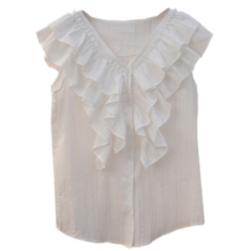 Nomikuma Women Shirts Blouses Korean Layered-ruffle Sweet Sleeveless V-neck Tops Causal Single Breasted New Blusas 6G083 210427