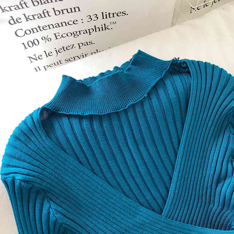 Nomikuma Autumn Korean Elegant Slim Short Pullover Knitwear Halter Corss V-neck Long Sleeve Knitted Women Tops New 6B984 210427