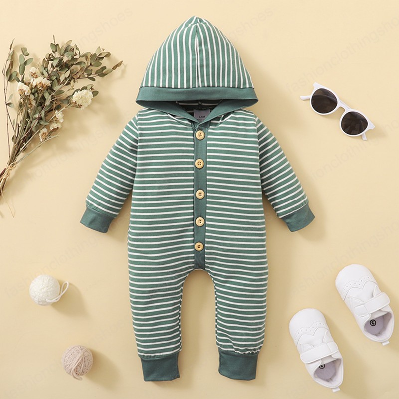 Baby Strip Hooded Bodysuit Stripe Long Sleeve Rompers Buttoned Collar Jumpsuit without Pocket Kids Clothing