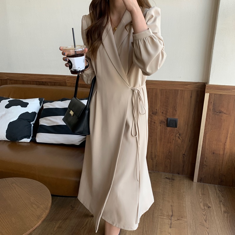 Women Suit Dress Minimalist Autumn Vintage Elegant OL Work Notched Lace-up Long es Female Vestidos 210421