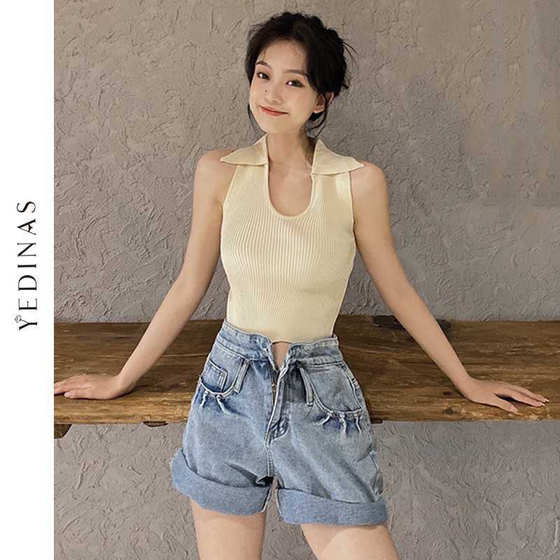 Yedinas Summer Polo Neck Tank Top Women Fashion Knit Slim Crop Chic Sleeveless T Shirt Vest s Korean Short 210527