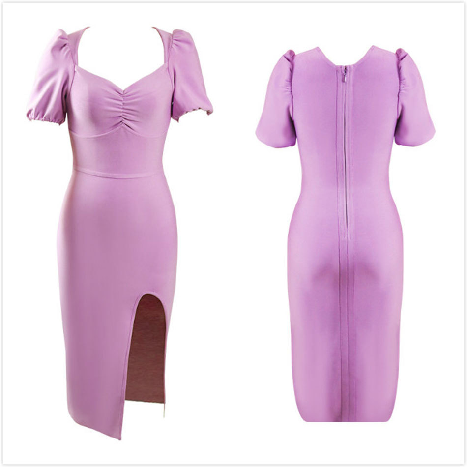 Free Women's Purple Bandage Dress Sexy V-neck Short Sleeve Bodycon Split Midi Celebrity Club Party 210524