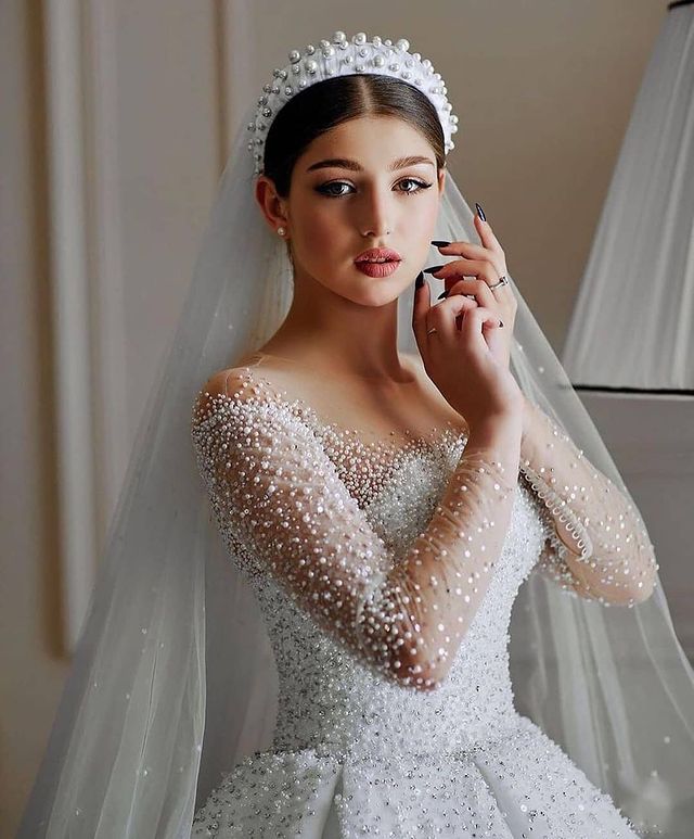 2021 Plus Size Arabic Aso Ebi Luxurious Beaded Pearls Wedding Gowns Sheer Neck Long Sleeves A-line Tulle Bridal Dresses ZJ694