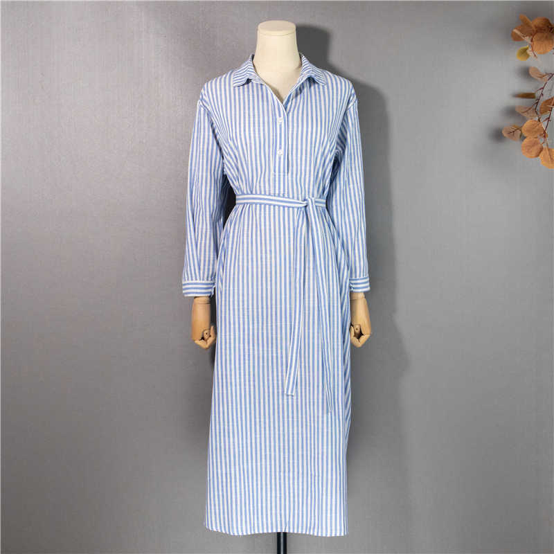 Summer Striped Shirt Lapel Lace-Up Casual Cotton En Dress | Dr2268
