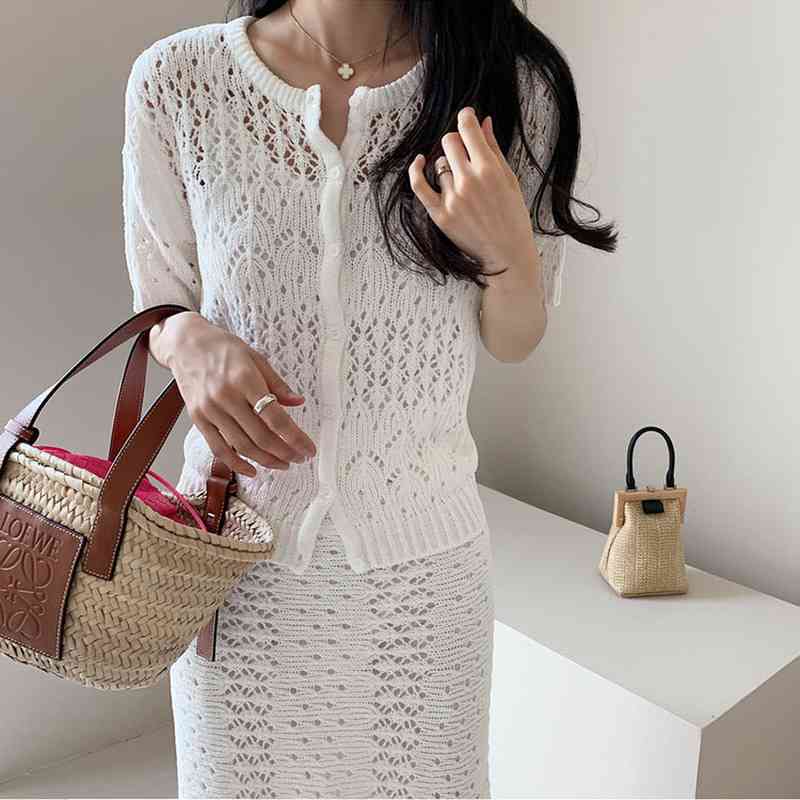 Matching Sets White O Neck Short Sleeve Lace Hollow Out Cardigan Top Thin Summer High Waist Wrap Hip Mermaid Skirt Korean Chic 210429