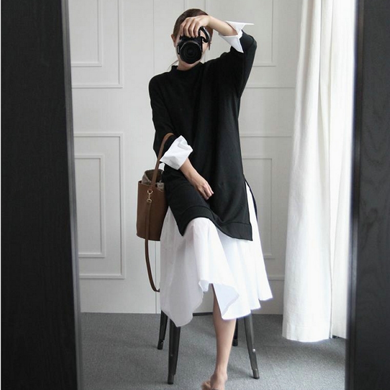 Korean Pregnant Mother dress women's Black Hooded Dress With Mesh Stitched Long Sleeve Irregular Hem Ladies Midi 3258 210428