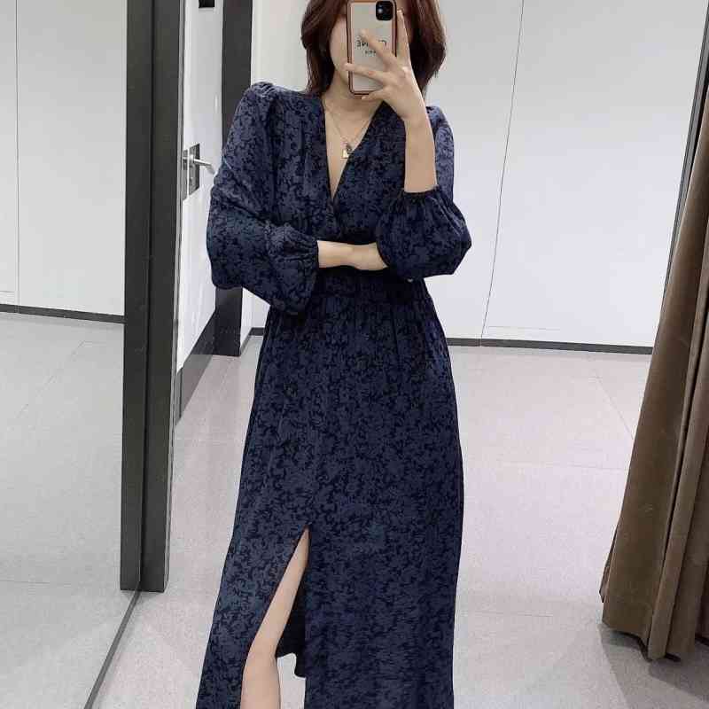 Women Floral Print Deep V Neck Elastic Waist Slit Midi Dress Female Lantern Sleeve Clothes Casual Lady Loose Vestido D6962 210430Z