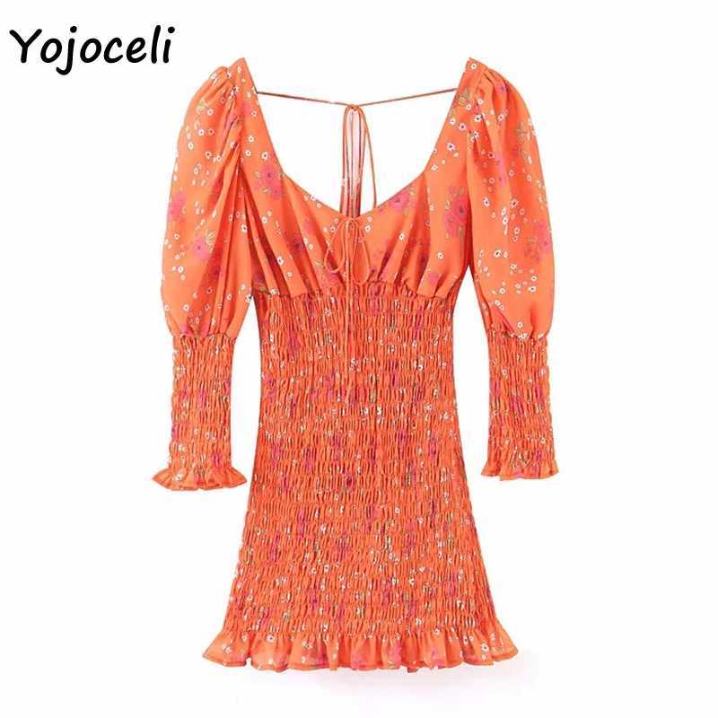 Yojoceli floral print smocked dres bodycon slim puff sleeve party streetwear day female vestidos 210609