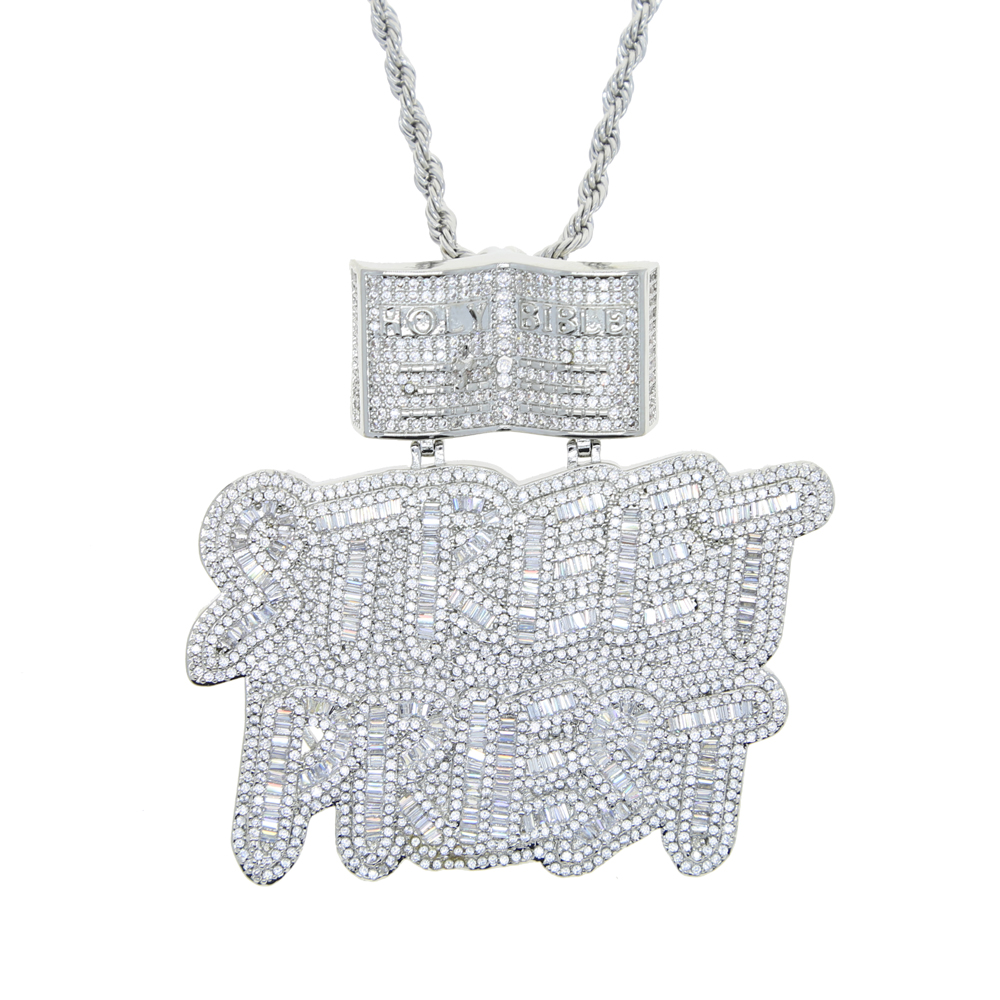 Iced out Women Men Full cubic zircon paved silver color letter stkeet pkiest charm pendant Necklace For punk Hip hop Jewelry wholesale